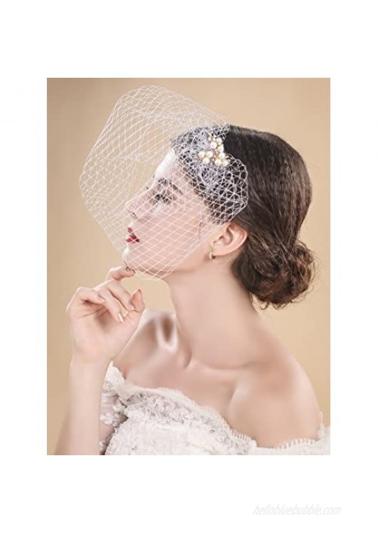 Yean Bride Wedding Veil White Flower Pearl Bridal Birdcage with Comb Fascinator Hair Accessories for Women and Girls