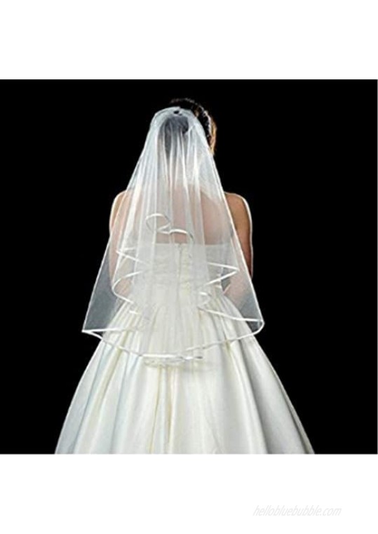 ZiYan White Double Ribbon Edge Center Cascade Bridal Wedding Veil with Comb