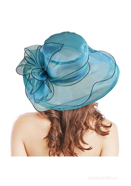 Bellady Women Ruffles Brim Tea Party Hat Organza Kentucky Derby Hat Church Hats Blue