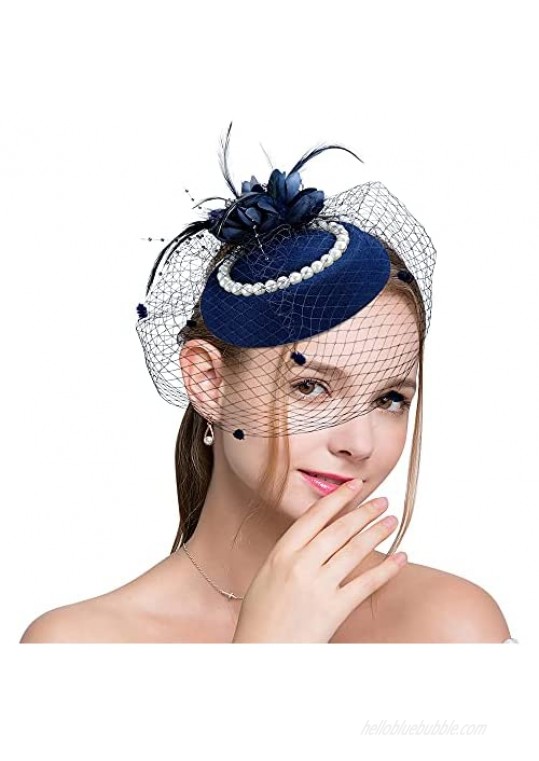 Fascinators Hats for Women Kentucky Derby Hats Tea Party Headwear with Pearls Pillbox Hat with Veil