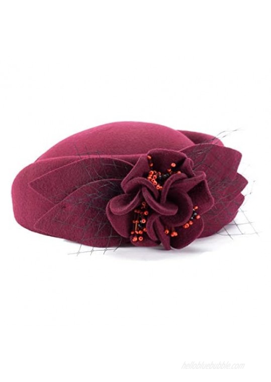 Lawliet Wine Red Women Fascinator Pillbox Felt Wool Hat Formal Dress Flower Veil A131