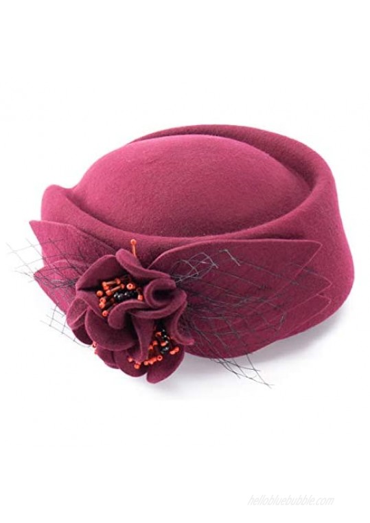 Lawliet Wine Red Women Fascinator Pillbox Felt Wool Hat Formal Dress Flower Veil A131