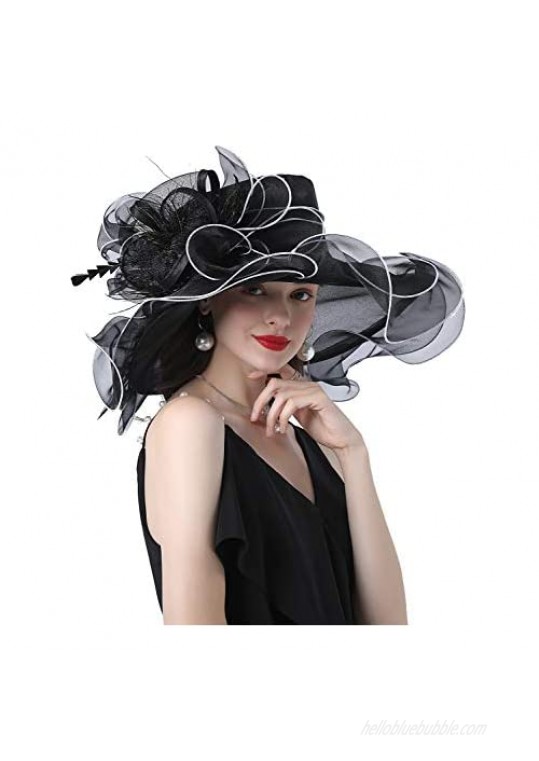 ORIDOOR Women Organza Wide Brim Fascinator Hat for Kentucky Derby Church Wedding Dress Floral Flat Hat
