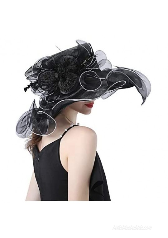 ORIDOOR Women Organza Wide Brim Fascinator Hat for Kentucky Derby Church Wedding Dress Floral Flat Hat
