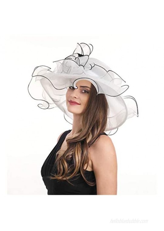 SAFERIN Women's Organza Church Kentucky Derby Fascinator Bridal Tea Party Wedding Hat (SF4-White Black line)