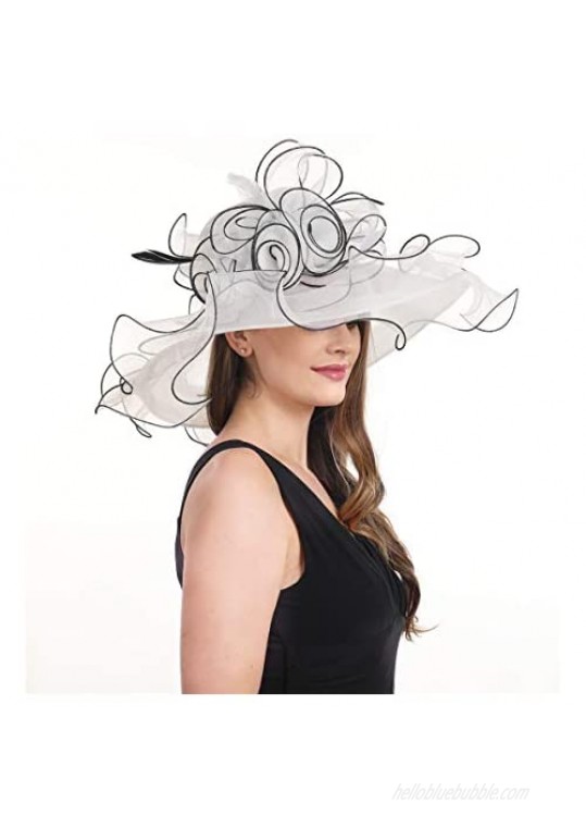 SAFERIN Women's Organza Church Kentucky Derby Fascinator Bridal Tea Party Wedding Hat (SF4-White Black line)
