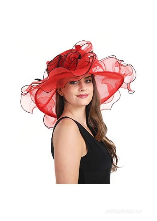 SAFERIN Women's Organza Church Kentucky Derby Fascinator Bridal Tea Party Wedding Hat (SF4-Red Black Line New)