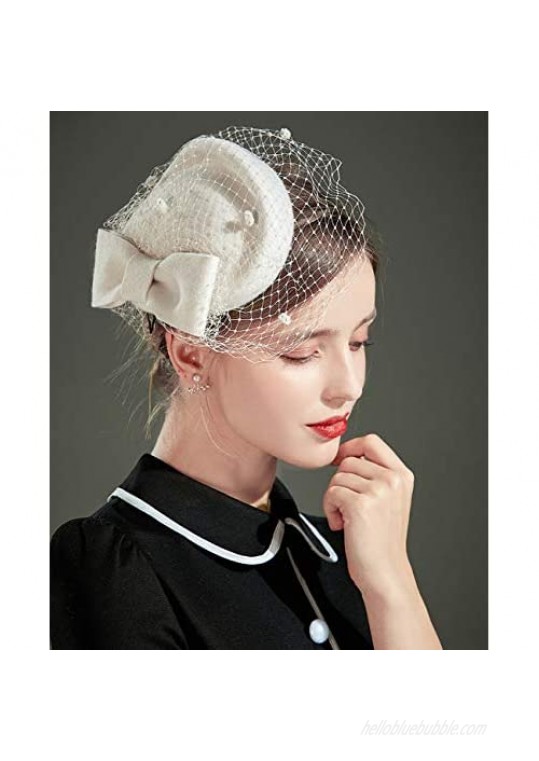 Z&X British Vintage Wool Felt Pillbox Hat Ladies Church Derby Winter Fascinator Hat Veil Flower Fedoras