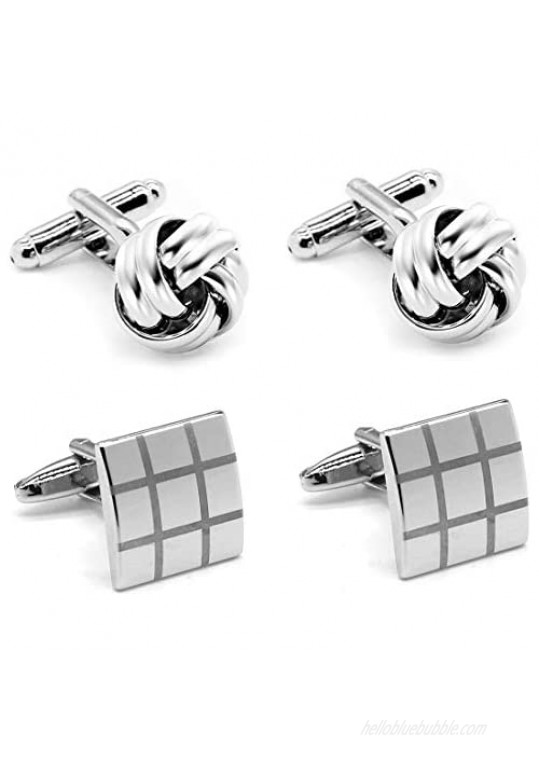 2 Pairs Mens Cufflinks Knot and Square Unique Wedding Business Shirt Cuff Links Mix Design Set For Mens Jewelry With Gift Box By Gilind