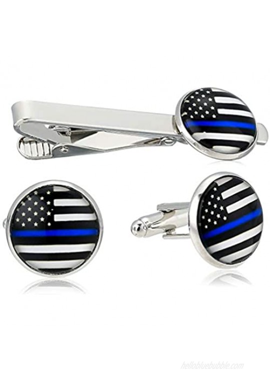 American Flag Tie Bar Clip and Cufflinks Set - Silver Colored Metal Plated - Luxury Clothing Accessories