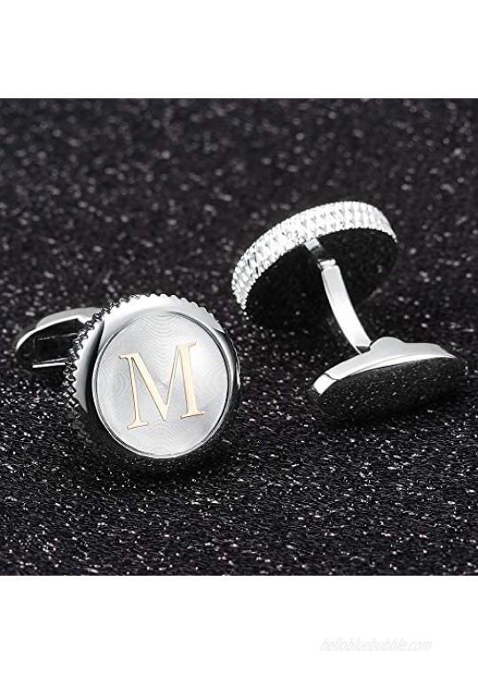 Cat Eye Jewels Gold Tone Classic Alphabet Initial A M Round Silver Mens Cufflinks for Men Groom Tuxedo Formal Shirts Business Wedding Gifts Box