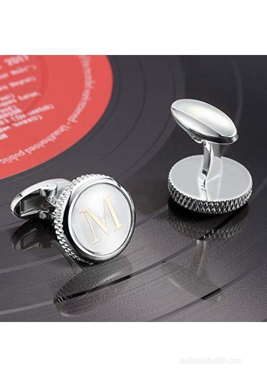 Cat Eye Jewels Gold Tone Classic Alphabet Initial A M Round Silver Mens Cufflinks for Men Groom Tuxedo Formal Shirts Business Wedding Gifts Box