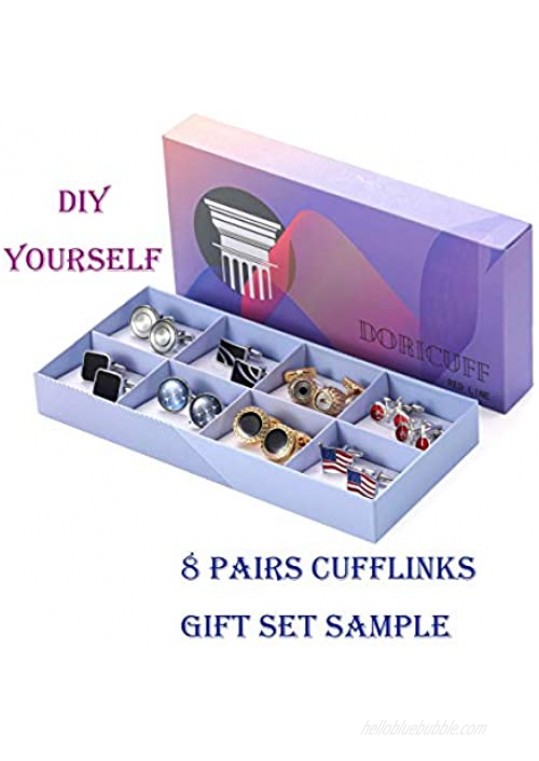 Doricuff Cufflinks for Men Gift Set Men’s Cuff Links Gift Box for Dad Father Husband Boyfriend or Friends Black Gliding Silver Golden 8 Pairs DIY for Celebration Festival Special Moment