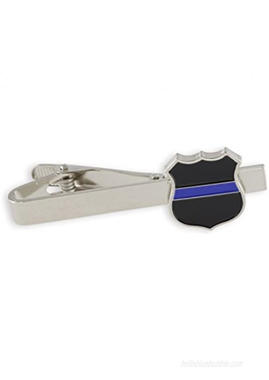 Forge Police Blue Line Decal Shield Tie Bar + Cufflinks (Silver Tie Bar)