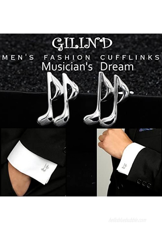 Gilind 2 Pairs Mens Cufflinks Music Notes Musical Unique Wedding Business Shirt Cuff Links Mix Design Set for Mens Jewelry with Gift Box Silver