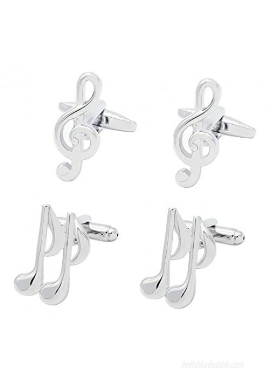 Gilind 2 Pairs Mens Cufflinks Music Notes Musical Unique Wedding Business Shirt Cuff Links Mix Design Set for Mens Jewelry with Gift Box Silver