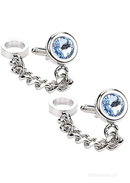 GWD Men's 2PCS Rhodium Plated Cufflinks Silver Shirt Wedding Business 1 Pair Silver Chain & Blue Crystal with