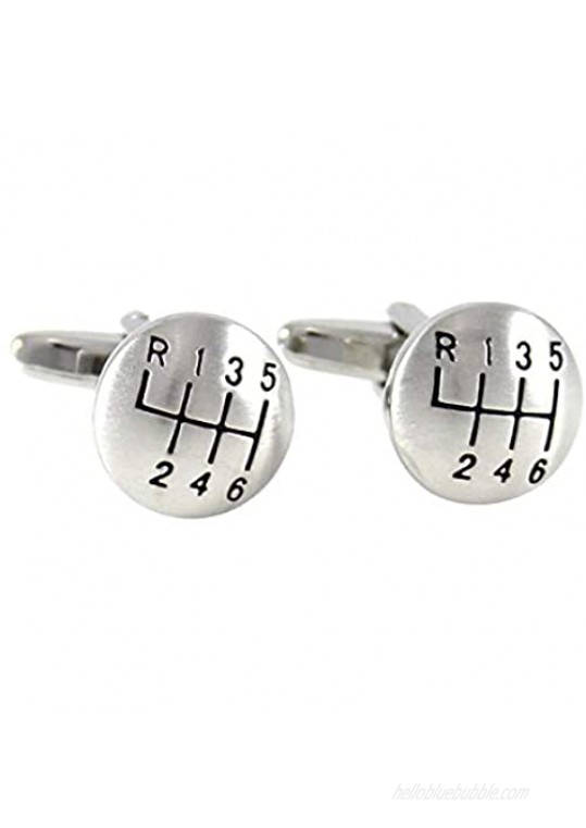 MENDEPOT Matte Silver Tone Domed Shape 6 Speed Gear Shift Cuff Links Car Cufflinks with Gift Box