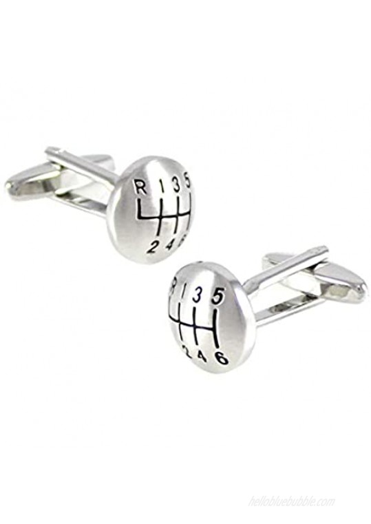 MENDEPOT Matte Silver Tone Domed Shape 6 Speed Gear Shift Cuff Links Car Cufflinks with Gift Box