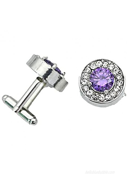 V & L Round Purple Crystal Cuff links Silver – Fancy Unique Elegant Sparkling Luxury Gem Stone Cufflinks for men Round - Perfect for Wedding Formal Suits Business and Groom Cufflink