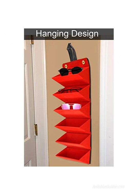 HOME-X Glasses Organizer Case Sunglasses Organizer for Travel Hanging Sunglasses Display Holds 6 Pairs 6.5 L x 4 ¾ W x 4 ½” L Black w Red