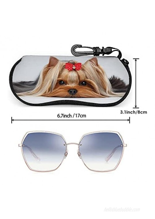 Srupiomg Lying Yorkshire Terrier With Cute Ribbon Yorkie Love Portrait of a Dog Ultra Light Portable Neoprene Zipper Sunglasses Eyeglass Soft Case with Belt Clip Glasses Case with Carabiner