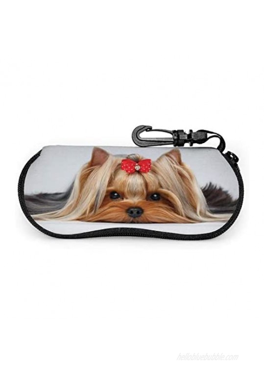 Srupiomg Lying Yorkshire Terrier With Cute Ribbon Yorkie Love Portrait of a Dog Ultra Light Portable Neoprene Zipper Sunglasses Eyeglass Soft Case with Belt Clip Glasses Case with Carabiner