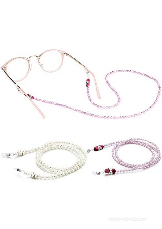 [2 Pack] Pearl Eyeglasses Holder Strap Cord Tomorotec Eyeglass Retainer Premium Pink Beaded Eyeglasses String Holder Chain Necklace Glasses Cord Lanyard with Free Microfiber Cleaning Cloths