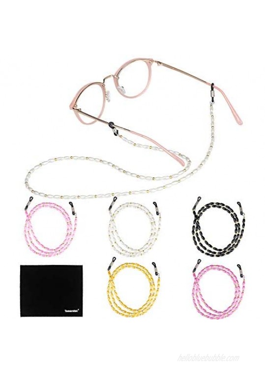 [5 Pack] Pearl Eyeglasses Holder Strap Cord Tomorotec Eyeglass Retainer Premium Beaded Eyeglasses String Holder Chain Necklace Glasses Cord Lanyard with Free Microfiber Cleaning Cloths