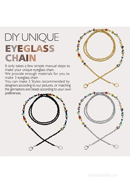 CRIMMY Eyeglass Chain Strap Holder Cord - Multicolor Stone Beads Makes 3 DIY Glass Mask Holder Chains - Fun Easy Craft Kit for Reading Eyeglass Necklace Making