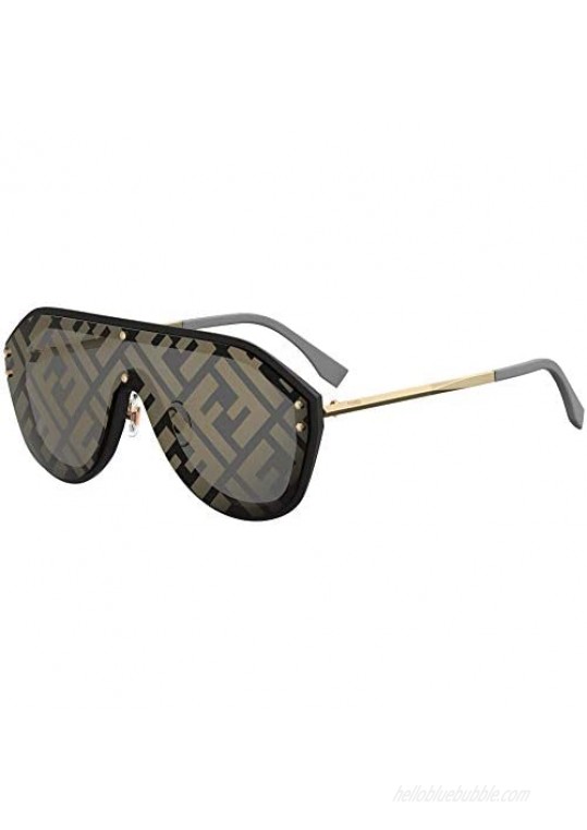 Fendi Men FF M0039/G/S 2M2 7Y Black Gold Plastic Shield Sunglasses Gold Fendi Print Mirror Lens  99-1-145