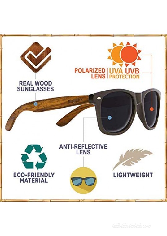 WOODIES Polarized Ebony Wood Sunglasses for Men and Women | Black Polarized Lenses and Real Wooden Frame | 100% UVA/UVB Ray Protection