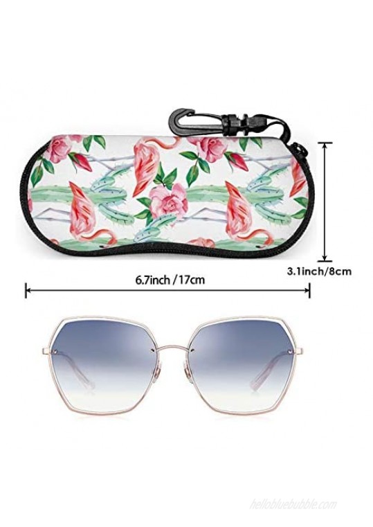 Pink Flamingo Eyeglasses Case With Carabiner Watercolor Cactus Red Roses Sunglasses Soft Case Ultra Lightweight Neoprene Zipper Eyewear Soft Bag