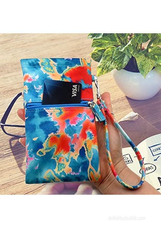 Soft Sunglass Pouch squeeze top extra-Large soft eyeglass case wristlet lanyard & cleaning cloth