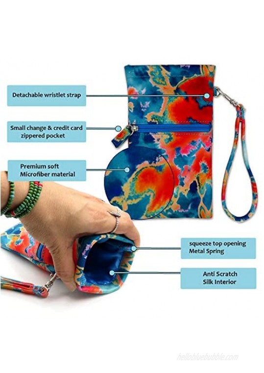 Soft Sunglass Pouch squeeze top extra-Large soft eyeglass case wristlet lanyard & cleaning cloth