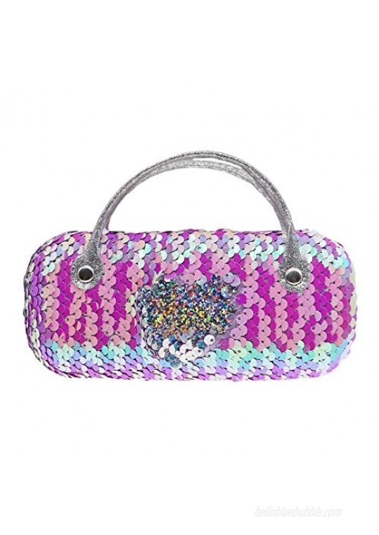 Women Kids Girls Boys Reversible Sequins Eyeglass Case Glasses Pouch Dazzling Sparkle Glitter Hard Shell with Handle