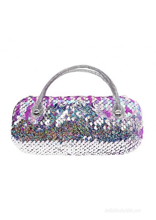 Women Kids Girls Boys Reversible Sequins Eyeglass Case Glasses Pouch Dazzling Sparkle Glitter Hard Shell with Handle