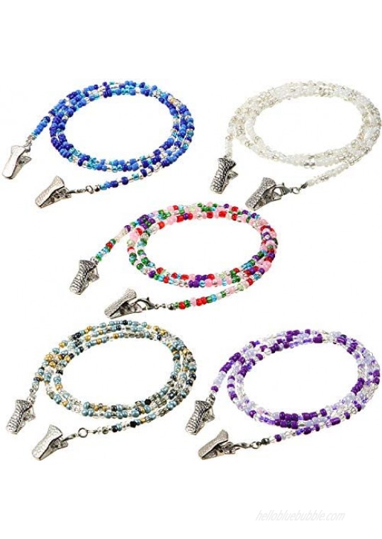 5 Pieces Beaded Face Covering Lanyards Colorful Bead Eyeglass Chains Clip Holder Handmade Necklace with 5 Pairs Silver Clips 28 Inches Long
