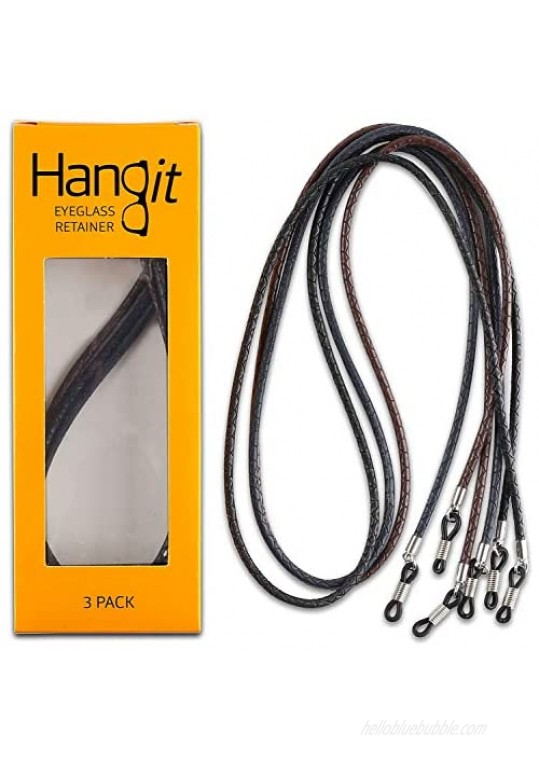 Elegant Eyeglass Sunglass Strap-Chain- Retainer Sports Band 3 Black Pack PU Leather For Men Women By HANGIT