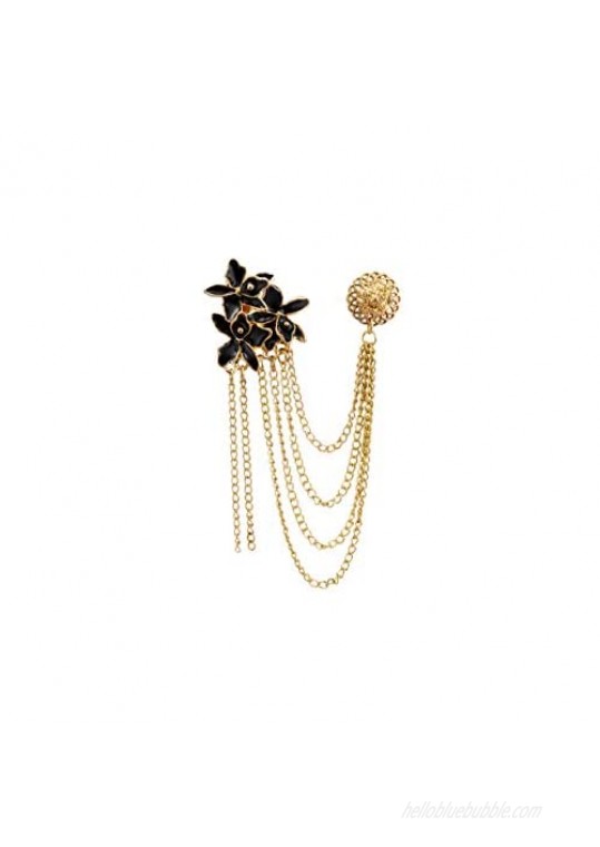 A N KINGPiiN Lapel Pin for Men Black and Gold Flowers with Hanging Chain and Abstract Detailing Brooch Costume Pin Shirt Studs Men's Accessories