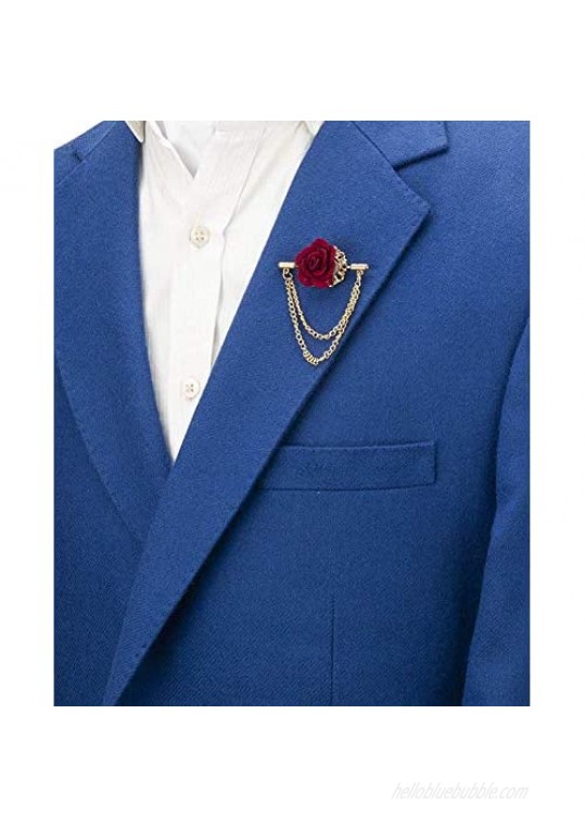 A N KINGPiiN Maroon Flower with Double Hanging Chain Lapel Pin Brooch Suit Stud Shirt Studs Men's Accessories