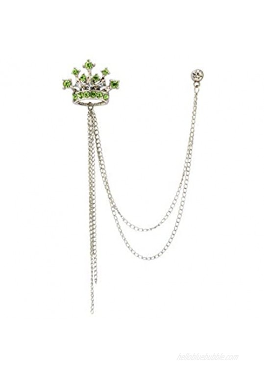 an KINGPiiN Lapel Pin for Men Crowned Stone with Hanging Chain Brooch Costume Pin Suit Stud Shirt Studs Men's Accessories Collar Pin (Silver Green)