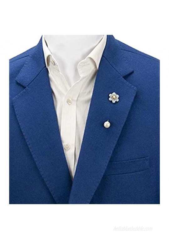 Knighthood Flower with Swarovski and Pearl Detailing Lapel Pin Badge Coat Suit Wedding Gift Party Shirt Collar Accessories Brooch for Men (Blue)