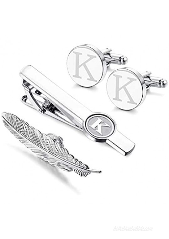 LOYALLOOK Initial Cufflinks and Tie Clip for Men Women Engraved Shirt Cufflink Alphabet A-Z Tie Bar Set for Business Wedding Gift with Box