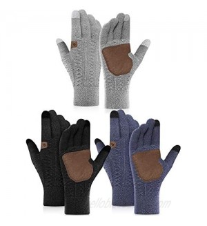 3 Pairs Winter Wool Gloves Unisex Warm Knit Touchscreen Gloves Thermal Anti-Slip Texting Gloves Cuff Driving Gloves with Thick Fleece Lining