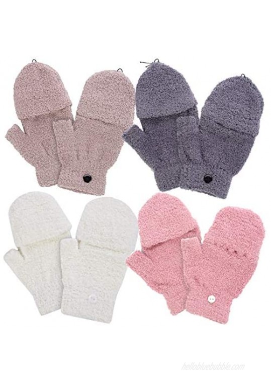 4 Pairs Coral Velvet Half Finger Gloves- 4 Colors Knitted Convertible Fingerless Gloves Mittens Thickened Stretchy Winter Warm Mittens in Common Size for Women and Men (Khaki Gray Pink Beige)
