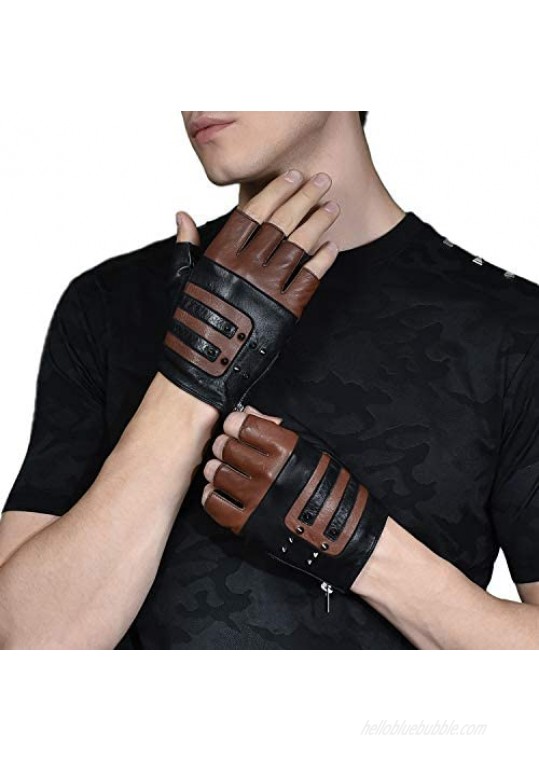 FIORETTO Mens Fingerless Leather Gloves Italian Goatskin Half Finger Driving Gloves Motorcycle