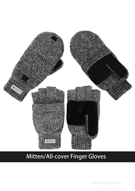 FWPP Thinsulate Thermal Inner -5℉ Winter Fingerless Mittens Gloves Men Women Wool Acrylic Knit Leather Palm