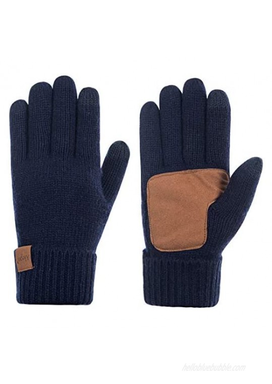 Winter Wool Gloves For Men And Women Anti-Slip Knit Touchscreen Thermal Cuff Unisex Snow Driving Gloves With Thick Warm Fleece Lining (Navy-L)