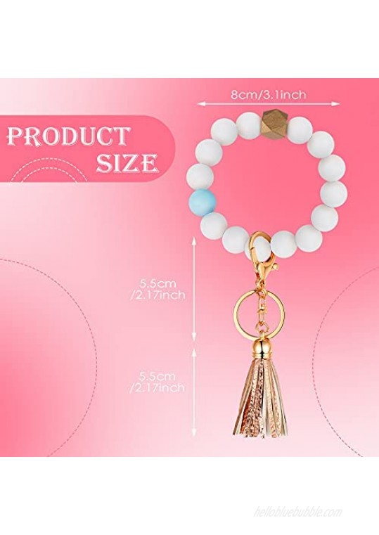 3 Pieces Silicone Beaded Keychain Key Ring Bracelet with Faux Leather Tassel Elastic Wristlet Keychain Beaded Bangle Keys Ring Holder for Women